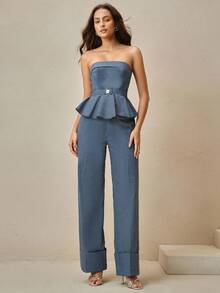 Anewsta Petite Mono de rayas azules con cintura ceñida y bandeau para mujer de talla pequeña, con cinturón desmontable, elegante conjunto de vacaciones para mujeres - Azul Marino - Ver 5