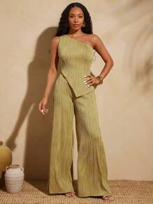 Vixey 纹理针织打结单肩不对称阔腿连体裤 - 黃色 - 查看 3