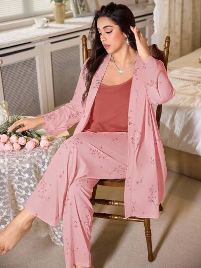 CottageSlumber 3 件大码女式碎花针织吊带背心、长裤和睡袍睡衣套装，舒适优雅细节，秋季服装