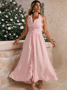 SHEIN Clasi CURVE Plus Size Women Casual Solid Color Sleeveless V-Neck Ruched Cinched Waist Floral Decorated Frill Trim Slit Maxi Dress - Pink - View 4