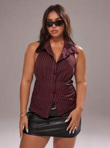 Rustia 大码女式街头风棕色条纹露背无袖衬衫 - 酒紅色 - 查看 7