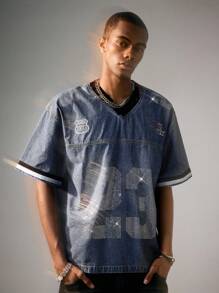 ROMWE MEN Prep Men's V-Neck Numeric Pattern Rhinestone Short Sleeve Casual Denim Shirt - Blue - View 4