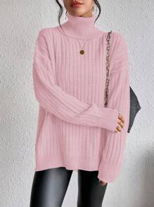 SHEIN Clasi Solid Color Ribbed Turtleneck Slit Long Sleeve Sweater Knit Pullover Fall Winter - Pink - View 7