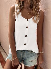 EMERY ROSE Women Fashion Round Neck Button Top - White - View 3