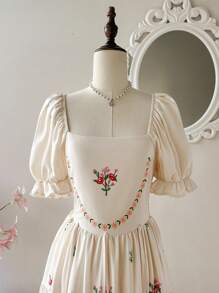 SHEIN MOD Square Neck Puff Sleeve Ruched Waistline 3-Tier Splice Sunflare Skirt Dress, Convertible Short And Long Style, Elegant Apricot Dress,Country Outfits,Beach Vacation Wear,Tea Party ,Modest ,Prom ,Lavender Hawaiian Dress,Sun Dresses For Women,Bohemian Clothes