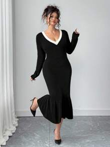 Elenzga Kooky Elegance 系列（Woe Is Me Vibes）（星期三美学）V 领长袖蝴蝶结针织连衣裙，拼色大码毛衣裙，休闲时尚，适合外出、婚礼宾客、度假、派对、晚礼服 - 黑色 - 查看 6