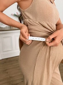 SHEIN 纯色针织荷叶边孕妇睡衣套装 - 黃色 - 查看 5