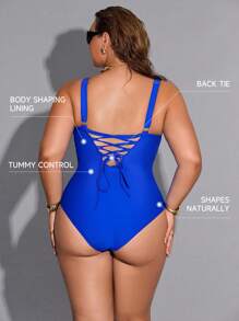 Shapewave 大码女式纯色交叉后背连体泳衣 - 藍色 - 查看 2