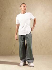 SUMWON Tricou de vară în carouri, cu model texturat și monogramă, croială standard, stil sport, lenjerie de casă - alb - Vizualizare 3