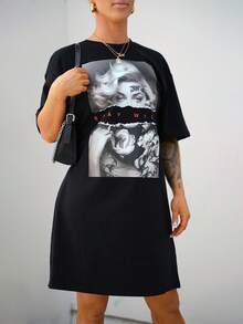 SAYEHFBABY Casual Rose & Letter Pattern Loose Round Neck Short Sleeve Mini Dress For Women, Contains Cotton, Suitable For Summer