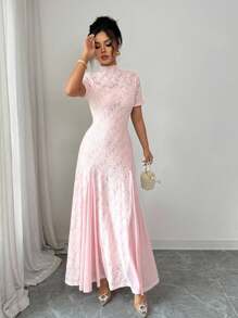 Islaluna فستان نسائي أنيق بدون أكمام ، قصير ، مطرز بالدانتيل ، قصة A كبيرة ، مع شبكة ، أكمام قصيرة ، طراز ربيعي وصيفي للنساء