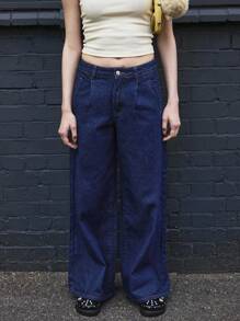COUREZ Super Oversized Fold Pleated Front Detail Jeans/Summer Bottoms Y2K Streetwear Vintage Cotton - Navy Blue - View 3