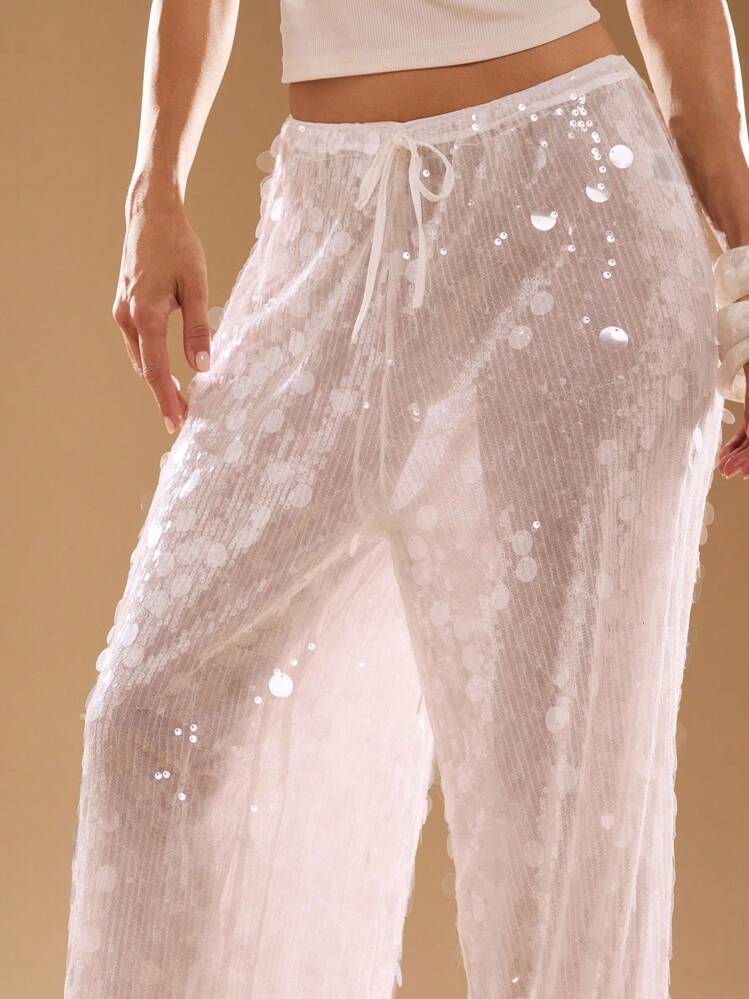 SHEIN x Eduarda Gutierrez SHEIN BAE Women's Summer White Sequined Patchwork Drawstring Waist See-Through Loose Pants, Casual Trousers, Loose Wide-Leg Trousers,  Sequined Trousers, Vacation Trousers,Boho Clothes Women,Beach Outfits,Going Out - White - View 8