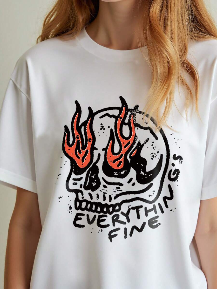 INAWLY 女士火焰骷髅印花圆领短袖休闲常规款 T 恤 - 白色 - 查看 1