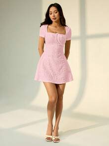 SHEIN PETITE Solid Color Square Neck Short Sleeve Mini Y2K Casual Dress For Women, Summer Dresses For Women Pink Dress For Women