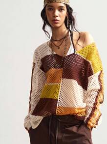 Bohemela Áo len dài tay dáng rộng, mỏng nhẹ, kẻ sọc nhiều màu sắc kiểu vintage mùa hè, thích hợp mặc đi nghỉ mát/bãi biển, phong cách Boho Chic dành cho nữ, phong cách Bohemian cho kỳ nghỉ. - Màu be - Xem 3