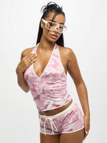 SUMWON WOMEN Halter Neck Camo Print Festival Two Piece Set Beach Summer Holiday Booty Short Outfit Casual Club Party Wear Matching Co Ord - Pink - View 6