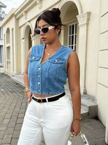SHEIN EZwear Plus Size Women Casual Denim Vest With Flap Pockets, Cropped Style For Summer