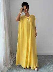 Elenzga 女士优雅纯色斗篷袖连衣裙 - 黃色 - 查看 6