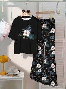 SHEIN Leap Crew Bộ 2 món áo ngắn tay tối giản thường ngày cho bé gái tuổi teen và quần dài, phù hợp cho mùa hè - Nhiều màu - Xem 2