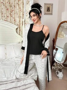 CottageSlumber Black Mixed Floral & Vine Bubble Wrinkle Print Bathrobe Set 3 Pieces PJS Bountiful Floral Splendor, Fall Winter Clothes Cozy And Elegant Details - Multicolor - View 2