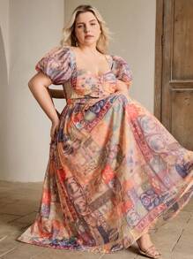 Anewsta 度假风印花带胸垫长袖A字中长连衣裙