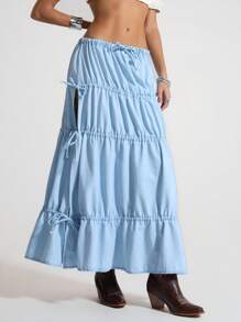 SHEIN Unity Jupe taille élastique froncée fendue en jean lavé de couleur claire coupe évasée - Jean clair - Voir 7