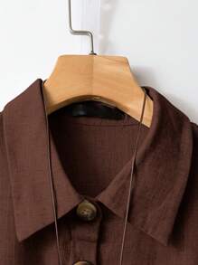 Ellevyn 女士新款时尚优雅两件套夏季舒适亚麻短袖衬衫和细肩带吊带裙休闲装 - 咖啡棕 - 查看 3