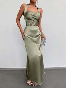 EURMUSE Solid Halter Neck Backless Satin Maxi Dress - Mint Green - View 5