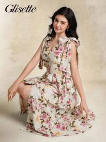 Summer Elegant Floral All-Over Print Split Hem Dress For Teen Girls - Pink - View 6