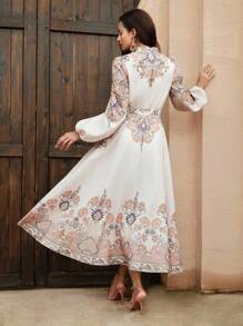 Anewsta 女士优雅长袖花卉印花连衣裙，秋冬季派对礼服 - 杏色 - 查看 6