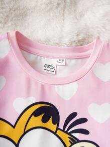 GARFIELD | SHEIN 少女可爱心形卡通图案粉色甜美童趣阻燃夏季短袖睡衣裙 - 彩色 - 查看 6