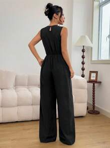 INAWLY Mono informal de verano de algodón con encaje en patchwork - Negro - Ver 2