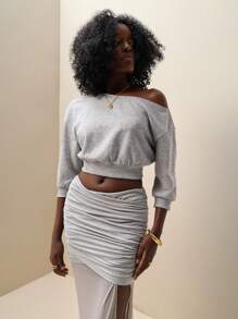 Zolique Women Casual Solid Color Oblique Shoulder Top And Bodycon Skirt 2 Pieces Set - Grey - View 5