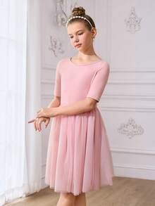 SHEIN Tween Girls Knitwear Tie-Front Ballet Leotard,Lightweight Mesh Tulle Skirt,Low-Saturation Performance Uniform,Dusty Pink,Summer,Elegant,Dancewear,Yoga - Pink - View 5