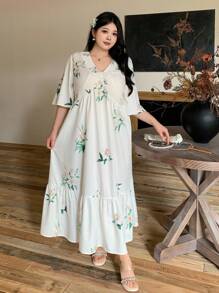 Modelyn Plus Size Women Floral Print V-Neck Short Sleeve Ruffle Hem Casual Dress - Multicolor - View 6