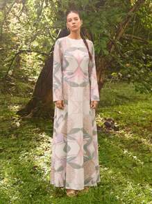 Sunsella Vestito lungo elegante da donna per estate, vacanza, in chiffon, a stampa, aderente, a maniche lunghe, a linea A, per occasioni speciali