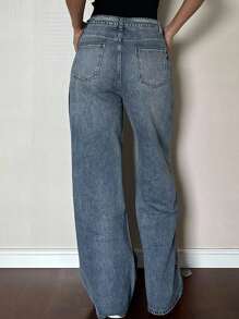 DAZY 复古经典高腰直筒抽绳牛仔裤 - 深色水洗藍 - 查看 2