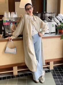 DAZY 女士纯色休闲长袖韩版长款薄款夹克秋冬 - 卡其色 - 查看 6