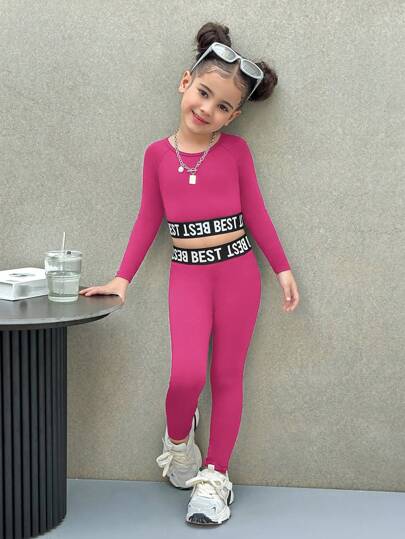 SHEIN 2 件套少女针织纯色字母松紧腰短款上衣和针织紧身裤运动套装