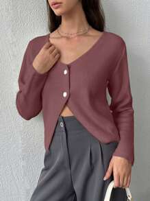 EURMUSE Women Solid Color V-Neck Front Button Drop Shoulder Cardigan,Long Cardigans Woman,Petite Cardigans,Cardigans - Dusty Pink - View 3