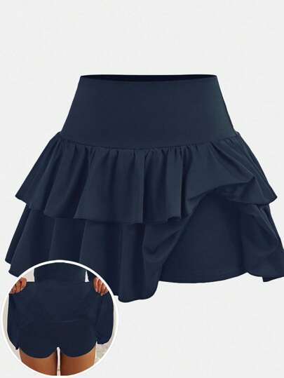 SHEIN Girlism Váy ngắn cho bé gái tuổi teen thường ngày, thể thao, đại học, trở lại trường, váy lót đen xếp nếp nhiều lớp, váy ngắn, mùa xuân và mùa hè