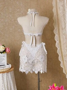 SHEIN Swim مجموعة ملابس سباحة بيكيني نسائية صيفية للشاطئ من قطعتين بتصميم دانتيل زهري وربطة رقبة مثيرة مع تنورة تغطية - لون مشمشي - مشاهدة 2