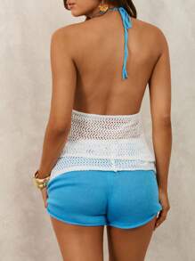 Swim Glamine Conjunto de kimono y shorts tejidos de mujer con flor naranja y azul y blanco de punto - Multicolor - Ver 2