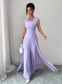 Rafferiza 新款法式女式无袖连体裤，夏季优雅奢华垂坠修身连体裤 - 紫色 - 查看 5