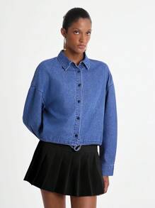 Daynim 女士休闲长袖衬衫和牛仔夹克 - 中等水洗藍 - 查看 3