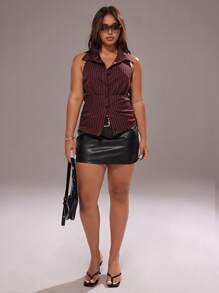 Rustia 大码女式街头风棕色条纹露背无袖衬衫 - 酒紅色 - 查看 5