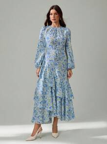 SHEIN Tall 女士印花荷叶边装饰长款飘逸大码半身裙长袖秋冬连衣裙浪漫度假优雅通勤 - 彩色 - 查看 3