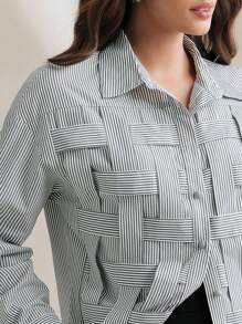 Anewsta 女式蓝色条纹格子优雅休闲宽松长袖衬衫，适合春夏季 - 墨綠色 - 查看 2