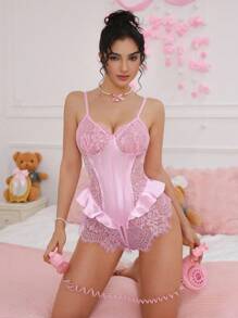 SHEIN 粉色缎面蕾丝拼接透视迷人荷叶边多层蛋糕设计开裆可爱性感紧身衣，适合女性外出穿着